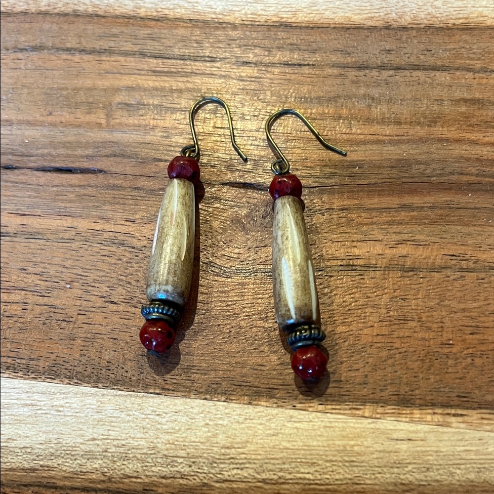 Chico's Red with Light Brown Wood & Bronze Medal Beaded Earrings